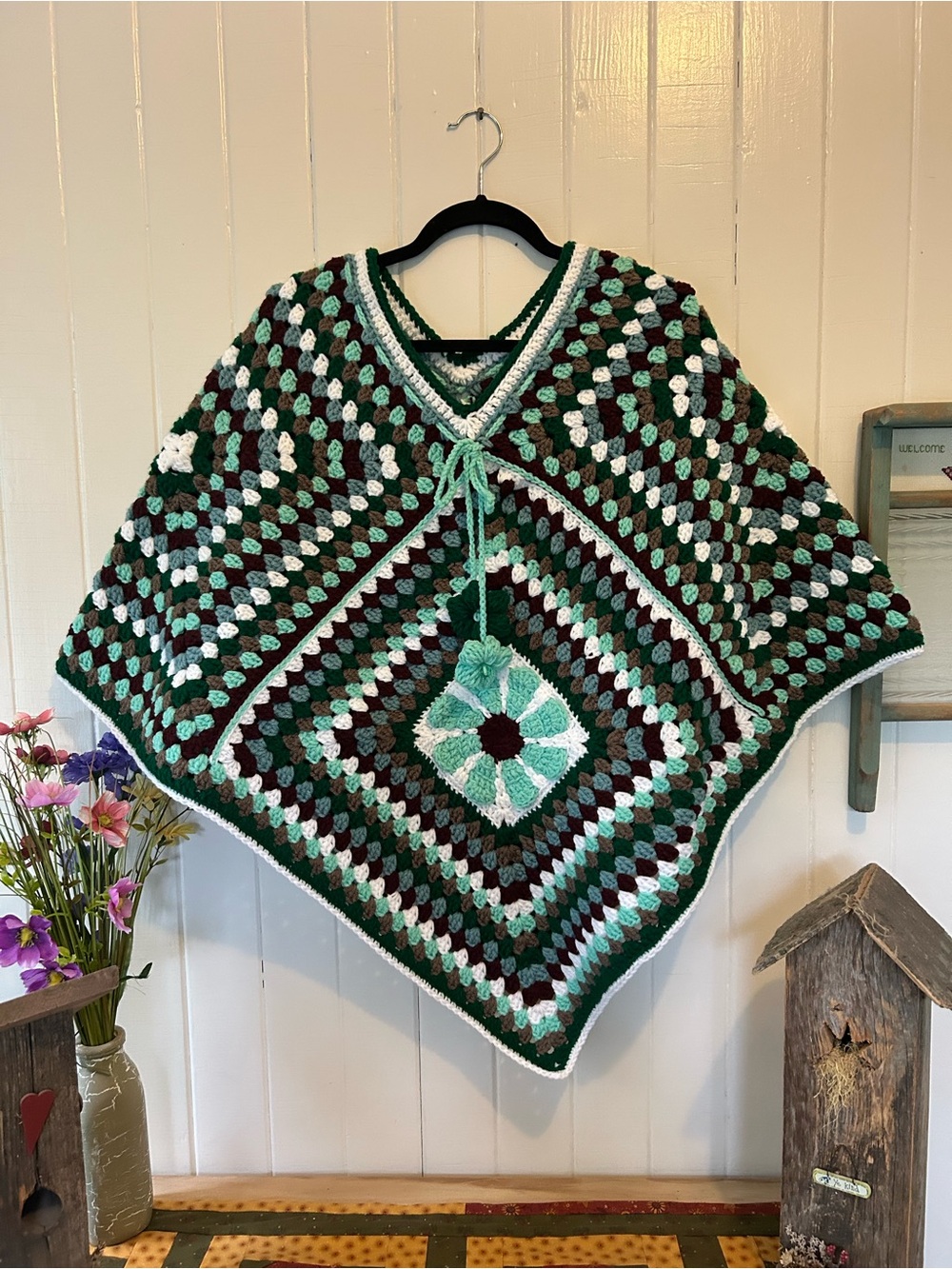Handmade Green Multi-Color Crochet Poncho Sweater